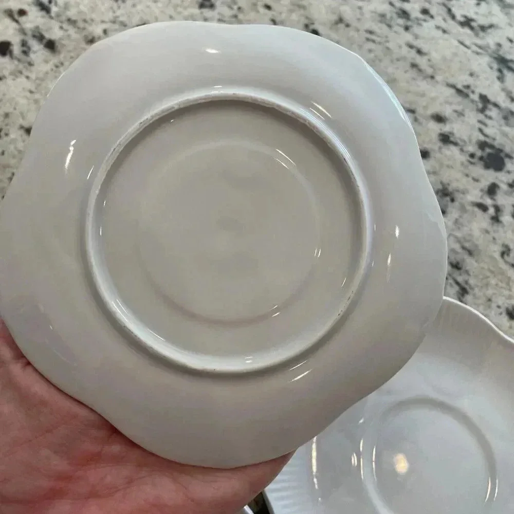 4 Scalloped Saucers - Flower / Shell Shape China Embossed Lines Unmarked Ceramic